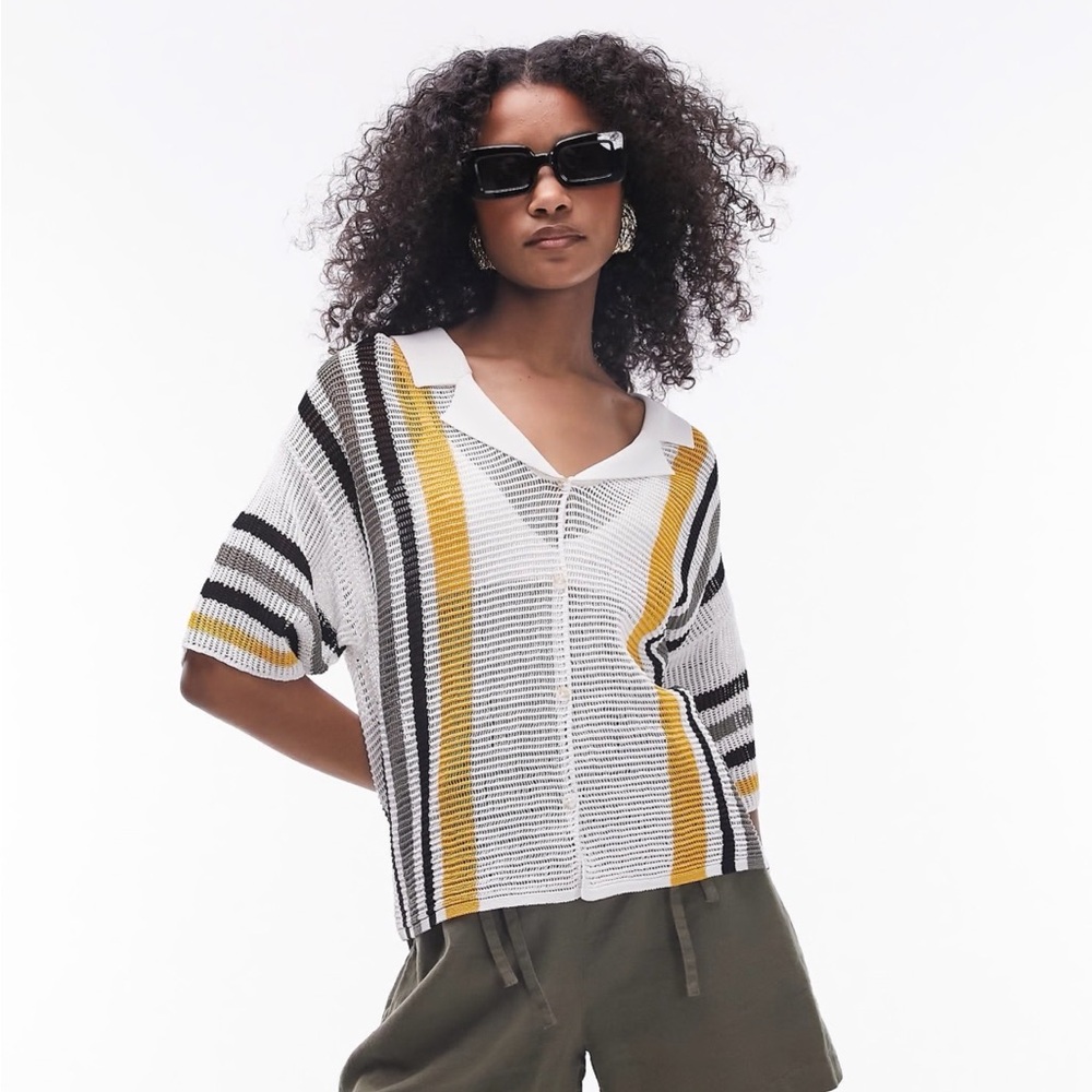 Topshop knitted open stitch stripe polo shirt
